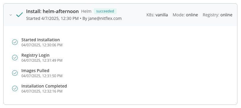 Helm install attempt progress details